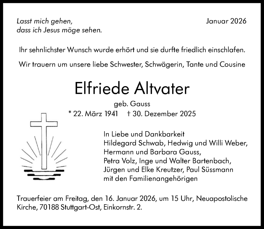  Traueranzeige für Elfriede Altvater vom 10.01.2026 aus GESAMT
