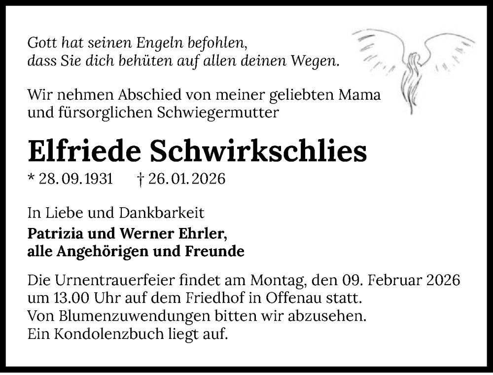  Traueranzeige für Elfriede Schwirkschlies vom 31.01.2026 aus GESAMT