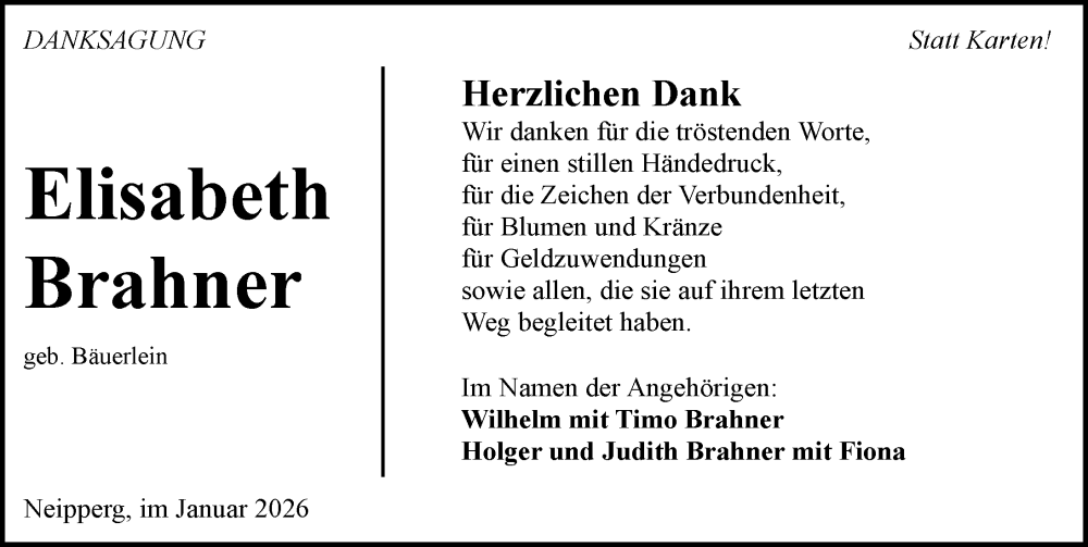  Traueranzeige für Elisabeth Brahner vom 24.01.2026 aus GESAMT