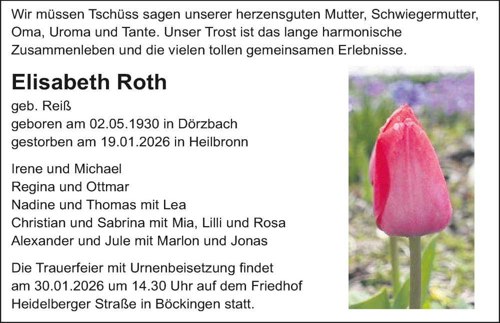  Traueranzeige für Elisabeth Roth vom 24.01.2026 aus GESAMT