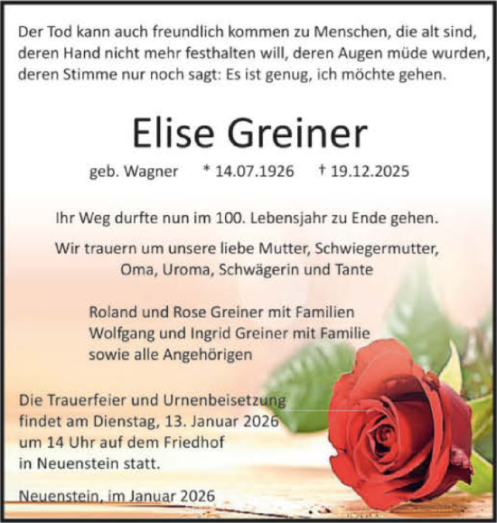 Traueranzeige von Elise Greiner von GESAMT
