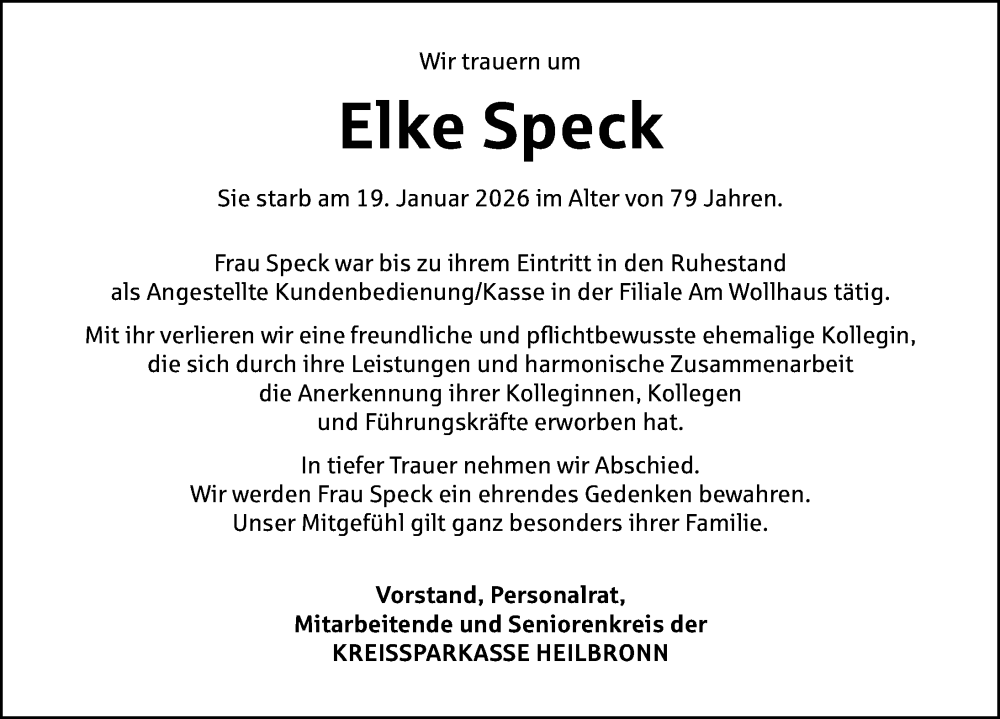  Traueranzeige für Elke Speck vom 28.01.2026 aus GESAMT