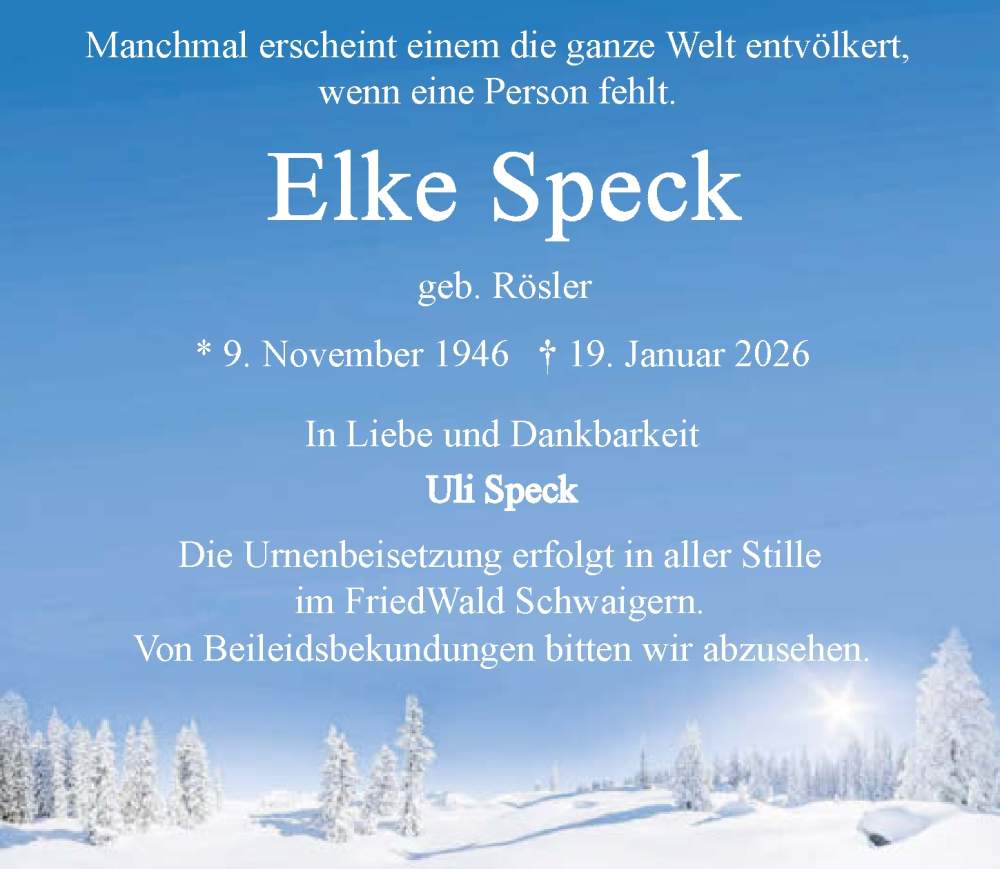  Traueranzeige für Elke Speck vom 24.01.2026 aus GESAMT