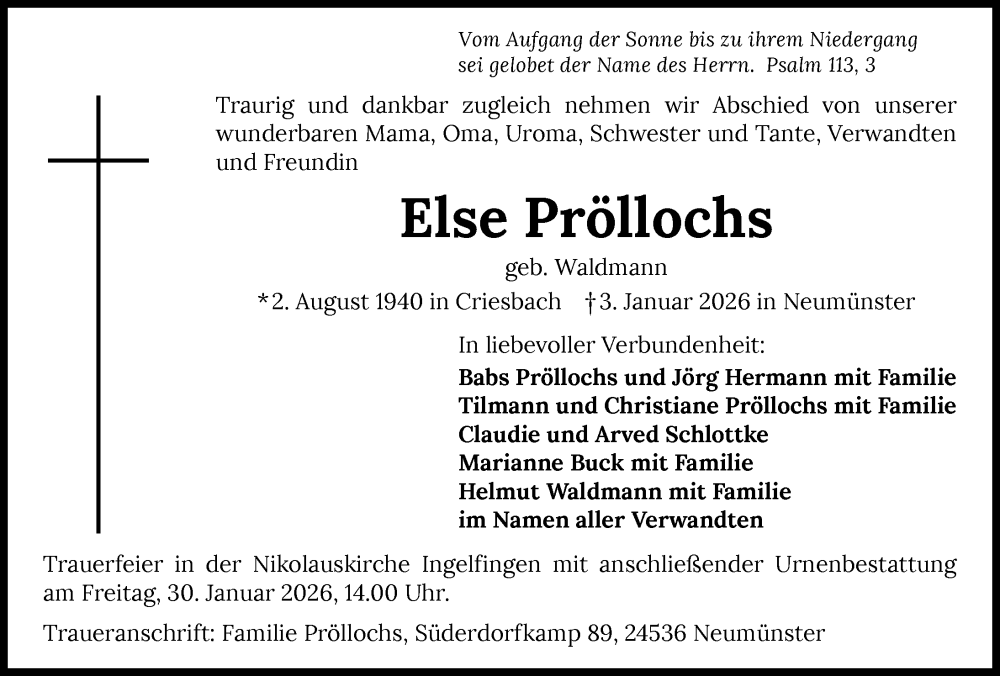  Traueranzeige für Else Pröllochs vom 10.01.2026 aus GESAMT