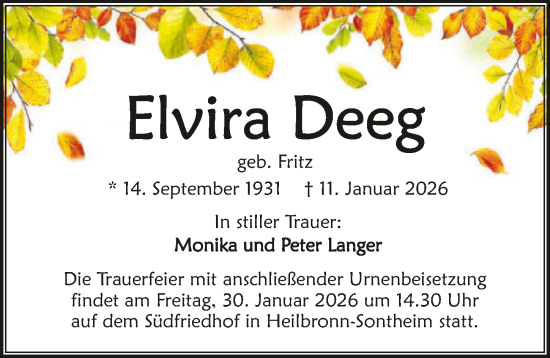 Traueranzeige von Elvira Deeg von GESAMT