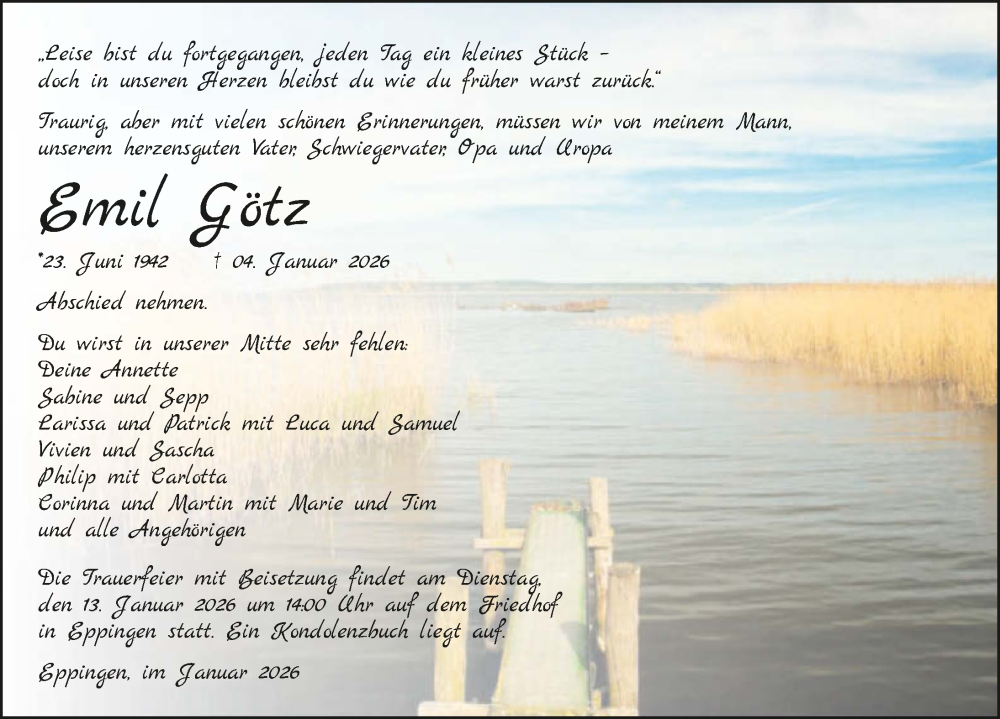  Traueranzeige für Emil Götz vom 10.01.2026 aus GESAMT