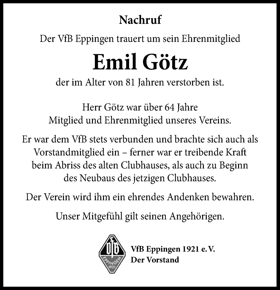  Traueranzeige für Emil Götz vom 10.01.2026 aus GESAMT