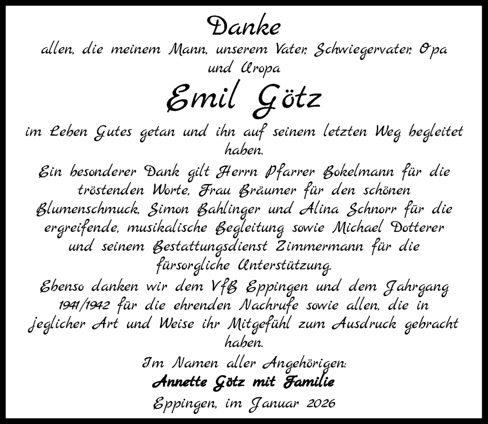  Traueranzeige für Emil Götz vom 23.01.2026 aus GESAMT