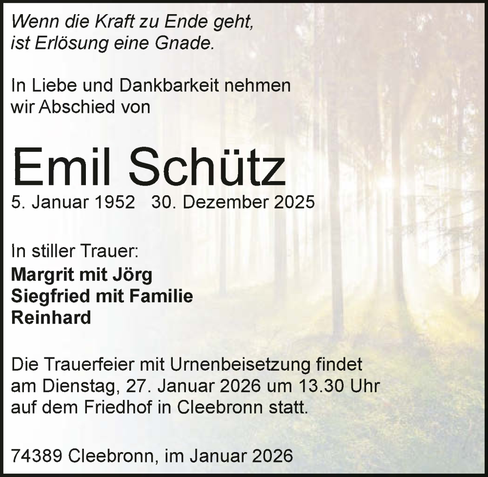  Traueranzeige für Emil Schütz vom 17.01.2026 aus GESAMT