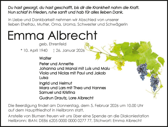 Traueranzeige von Emma Albrecht von GESAMT