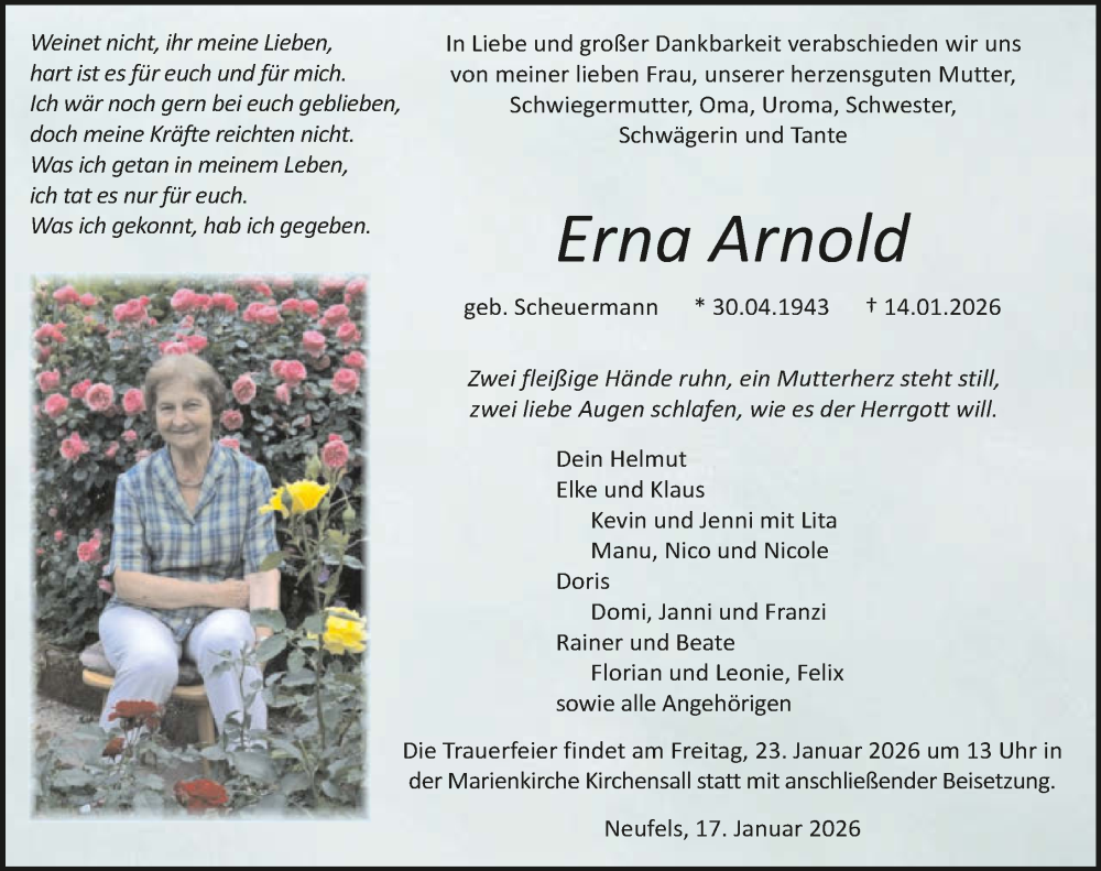  Traueranzeige für Erna Arnold vom 17.01.2026 aus GESAMT