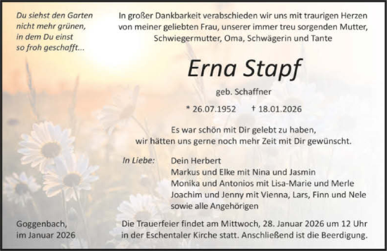 Traueranzeige von Erna Stapf von GESAMT
