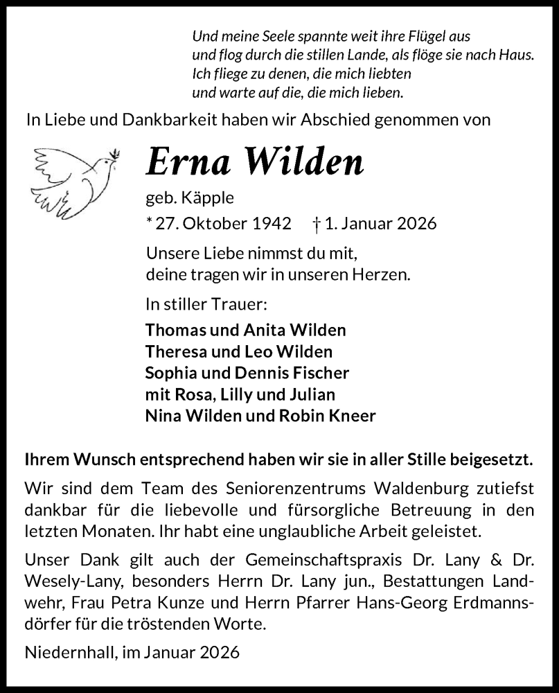  Traueranzeige für Erna Wilden vom 16.01.2026 aus GESAMT