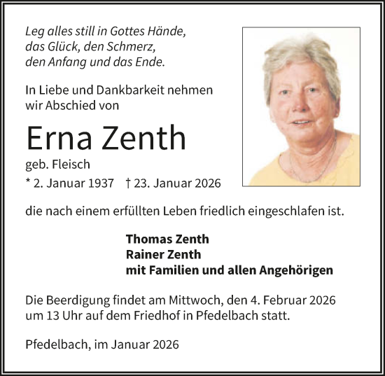 Traueranzeige von Erna Zenth von GESAMT