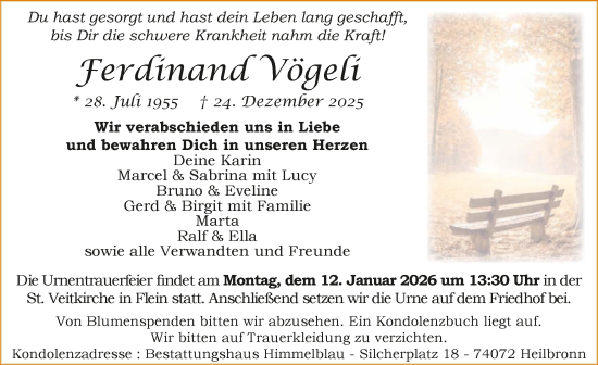 Traueranzeige von Ferdinand Vögeli von GESAMT