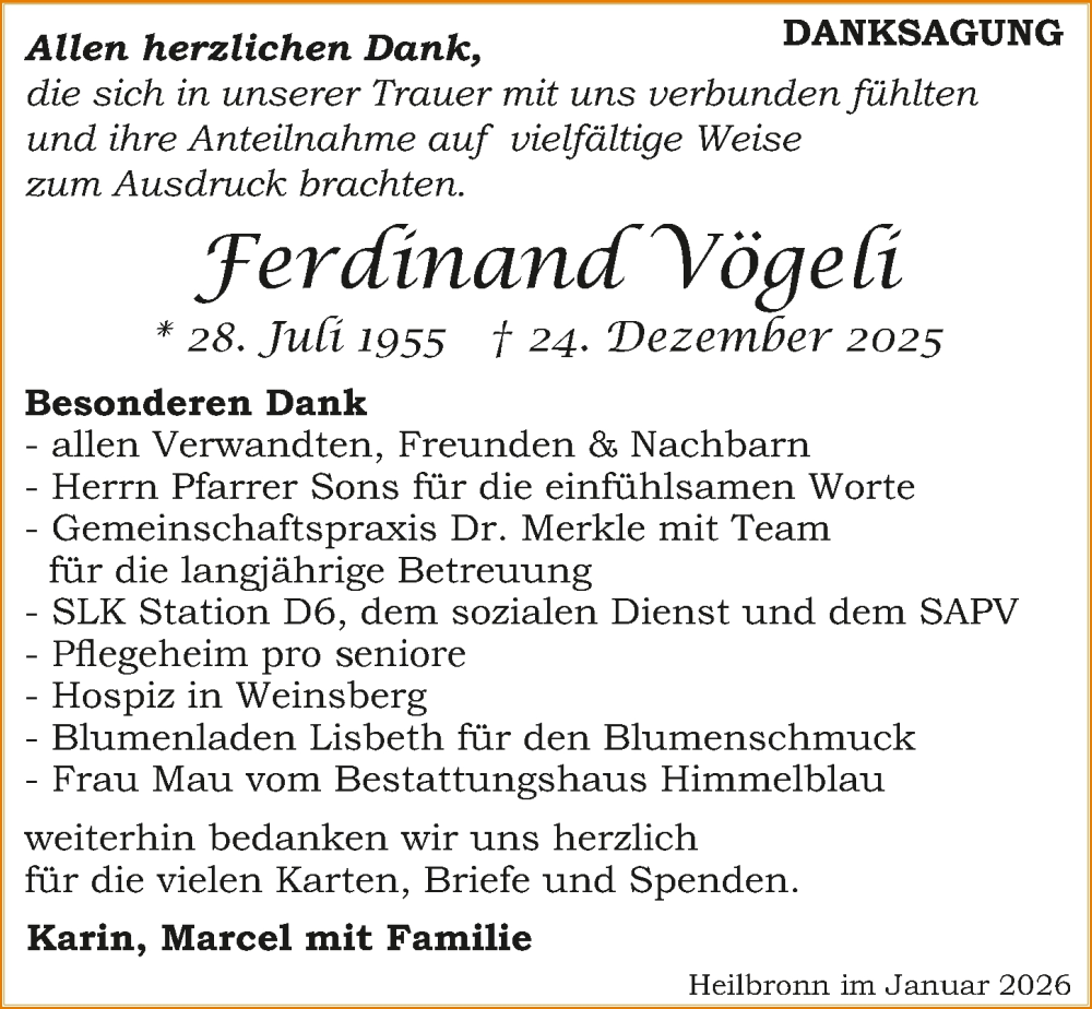  Traueranzeige für Ferdinand Vögeli vom 17.01.2026 aus GESAMT