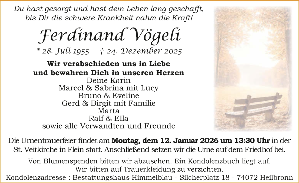  Traueranzeige für Ferdinand Vögeli vom 03.01.2026 aus GESAMT
