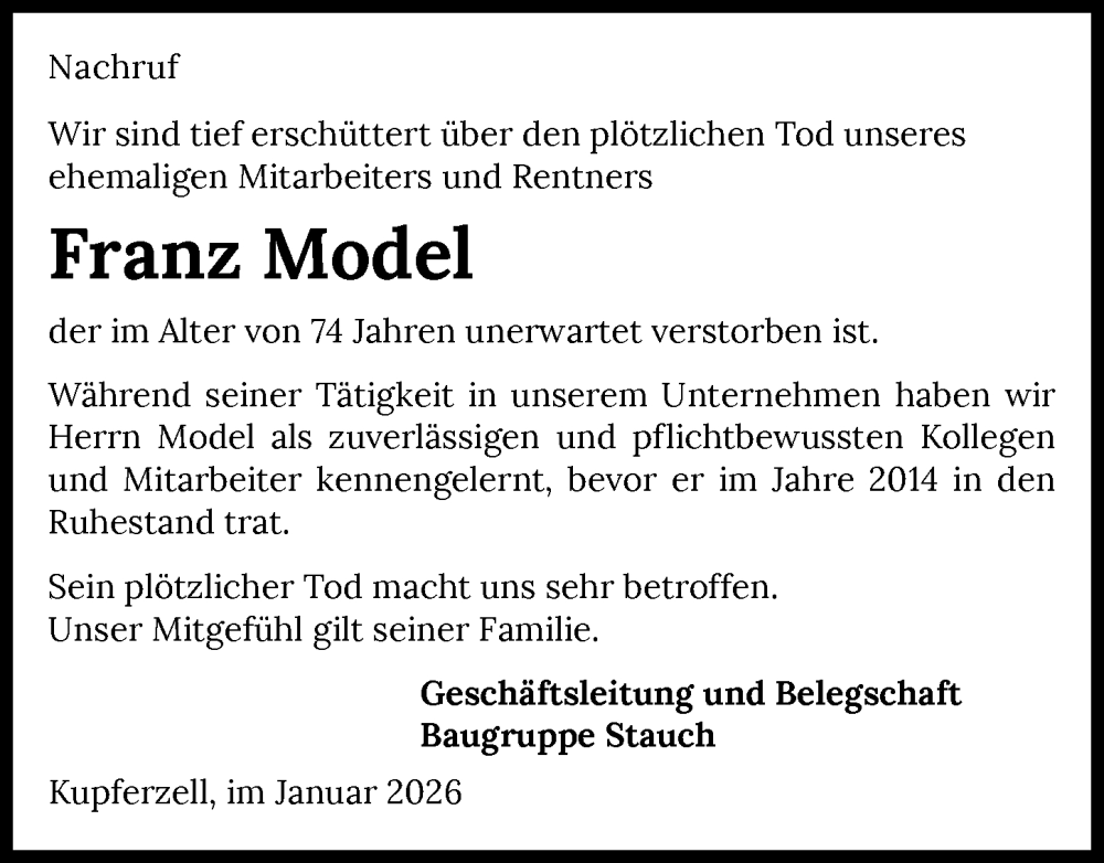  Traueranzeige für Franz Model vom 17.01.2026 aus GESAMT