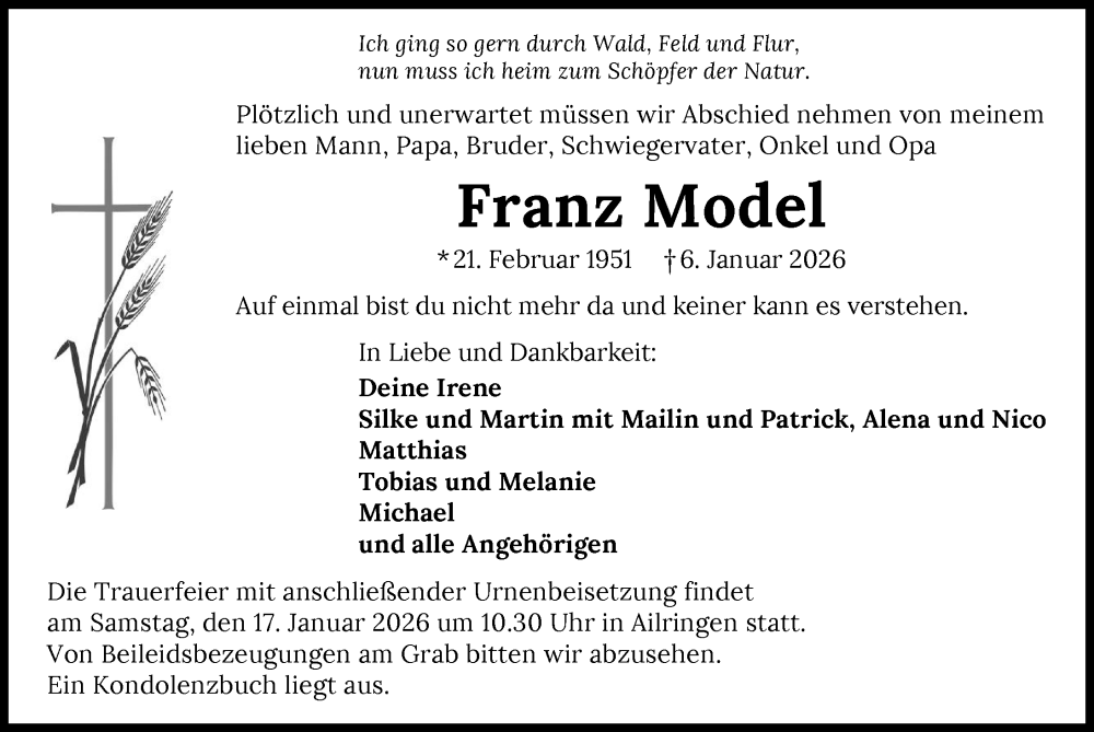  Traueranzeige für Franz Model vom 14.01.2026 aus GESAMT