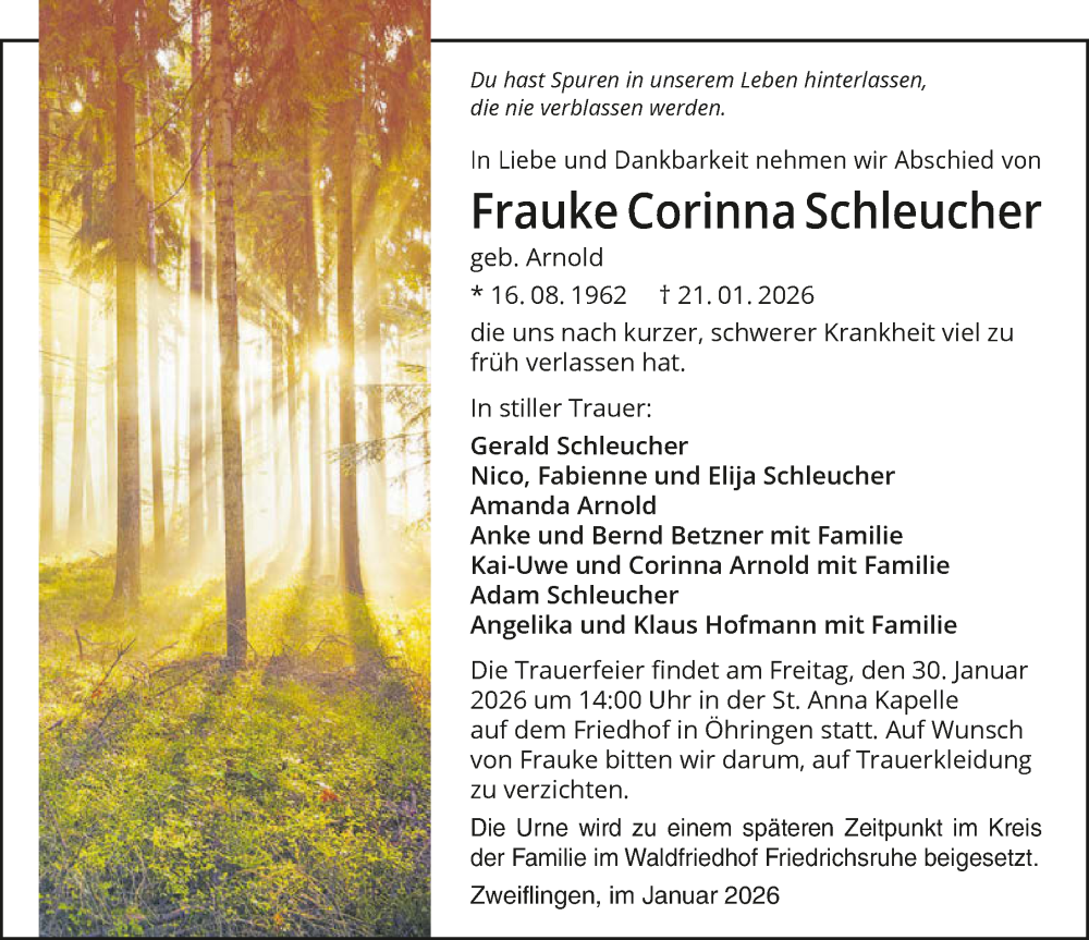  Traueranzeige für Frauke Corinna Schleucher vom 24.01.2026 aus GESAMT