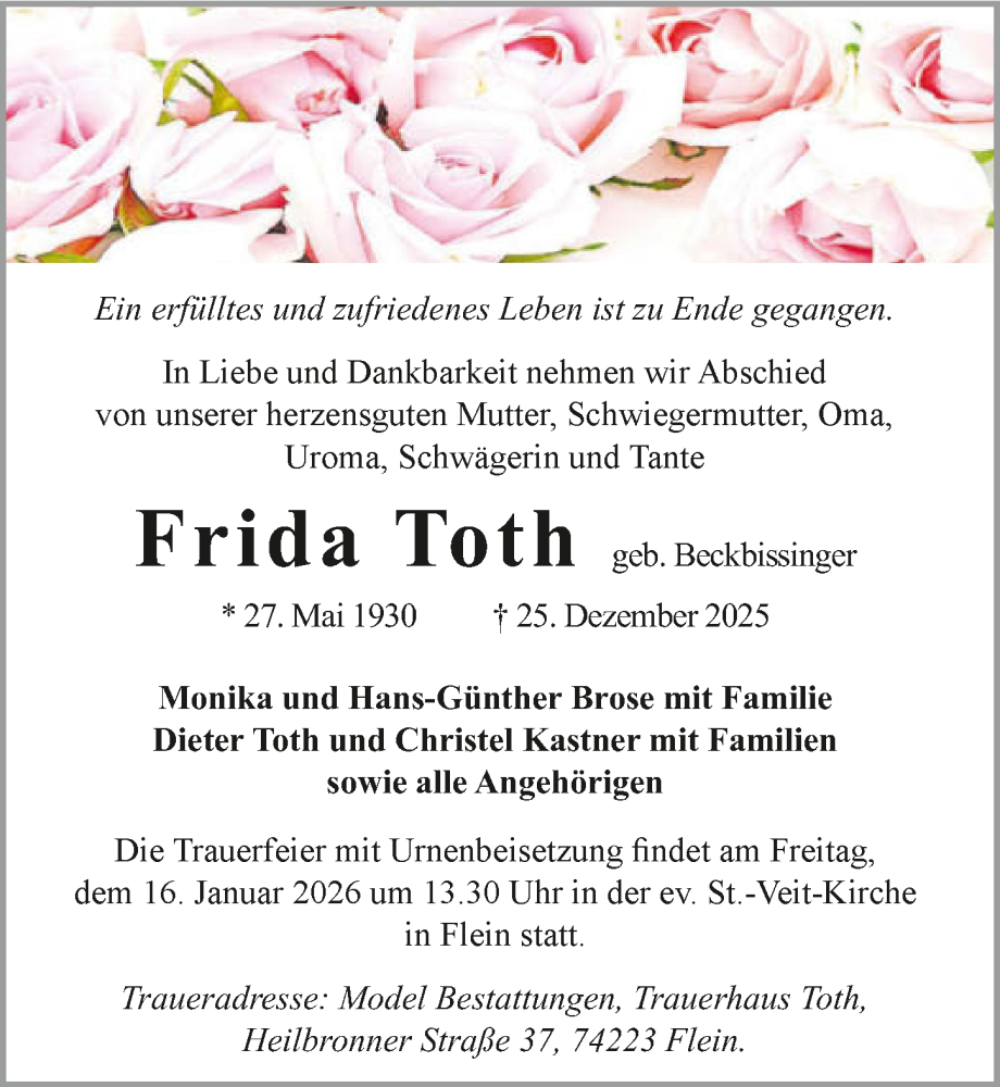  Traueranzeige für Frida Toth vom 10.01.2026 aus GESAMT