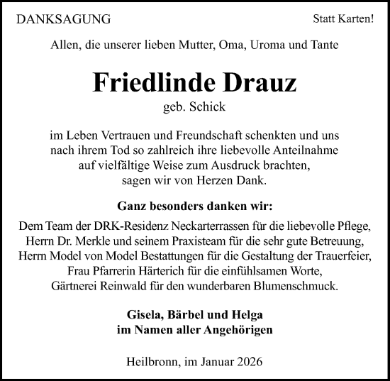 Traueranzeige von Friedlinde Drauz von GESAMT