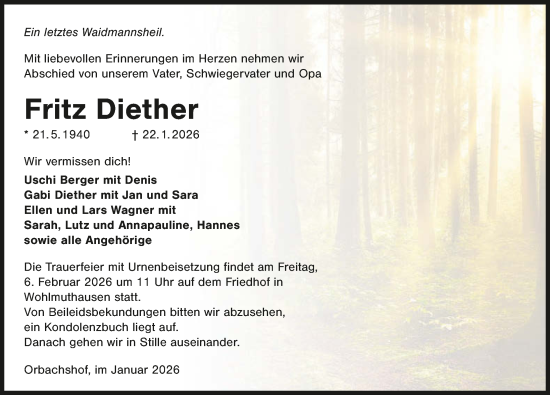 Traueranzeige von Fritz Diether von GESAMT