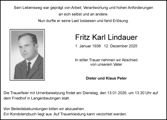 Traueranzeige von Fritz Karl Lindauer von GESAMT