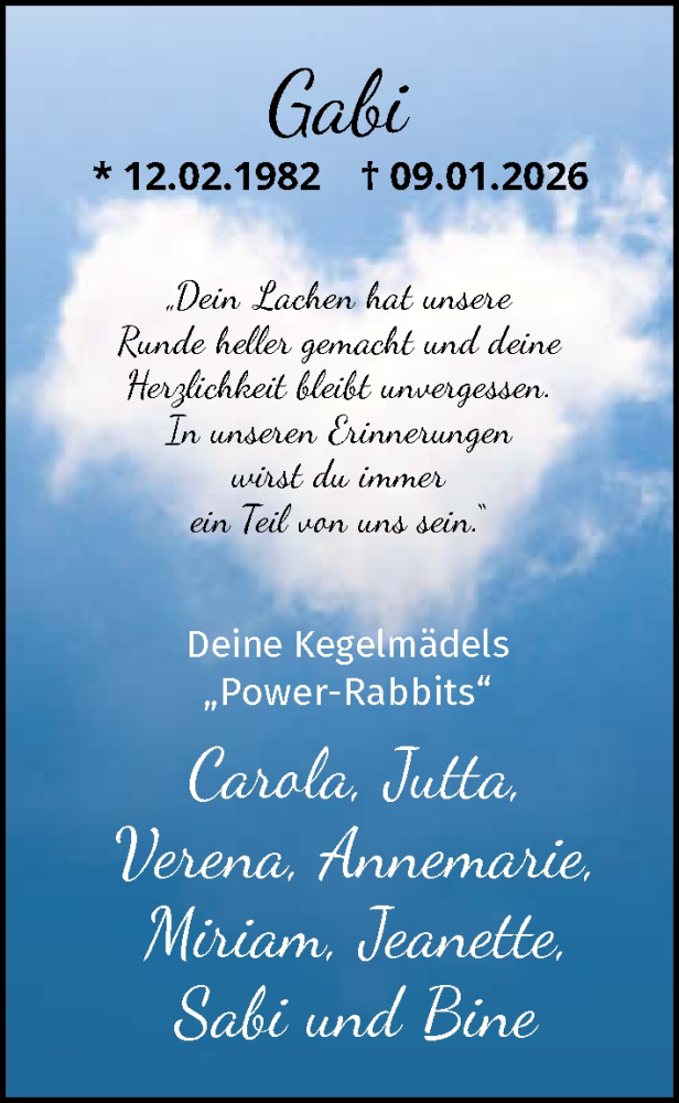  Traueranzeige für Gabi  vom 21.01.2026 aus GESAMT