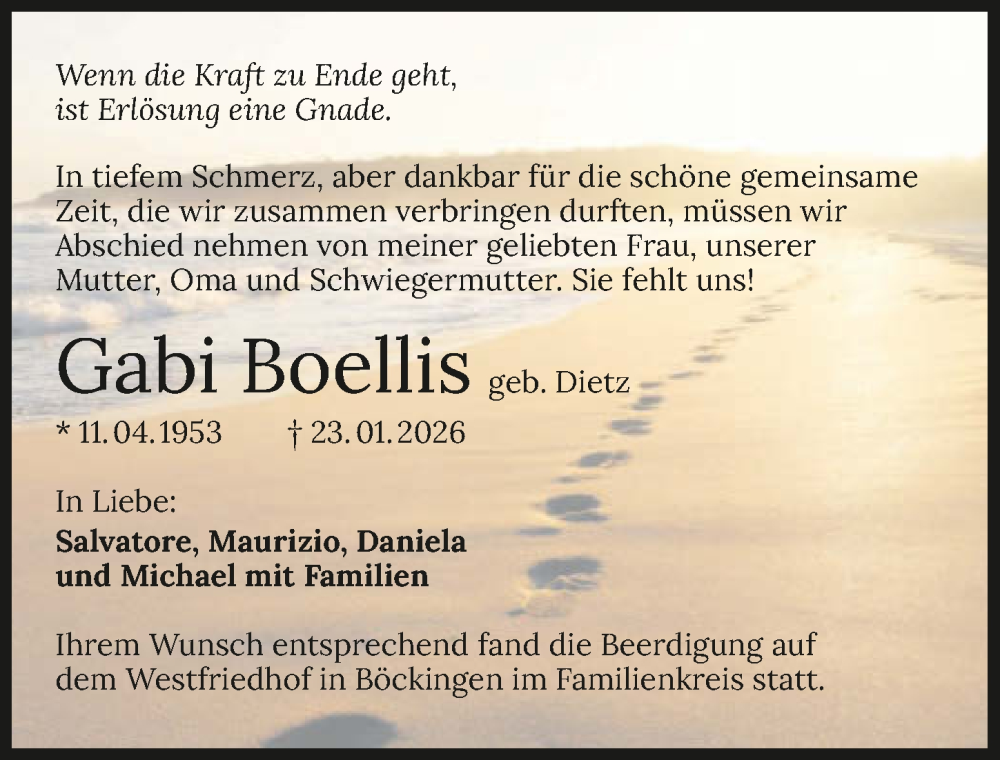  Traueranzeige für Gabi Boellis vom 31.01.2026 aus GESAMT