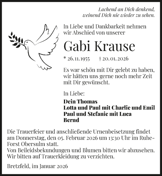 Traueranzeige von Gabi Krause von GESAMT