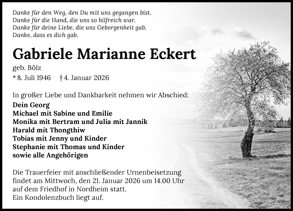  Traueranzeige für Gabriele Marianne Eckert vom 17.01.2026 aus GESAMT