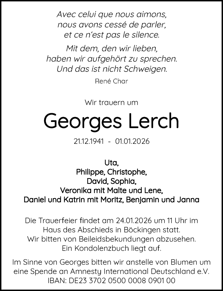  Traueranzeige für Georges Lerch vom 10.01.2026 aus GESAMT