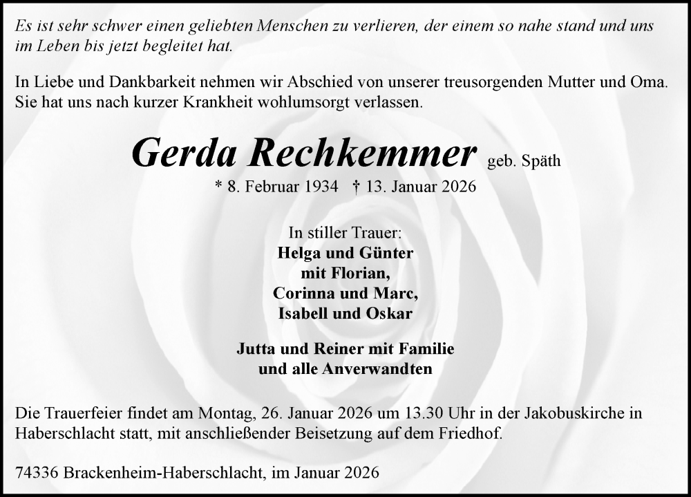  Traueranzeige für Gerda Rechkemmer vom 21.01.2026 aus GESAMT