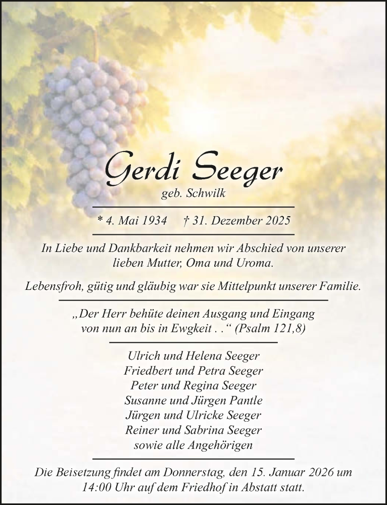  Traueranzeige für Gerdi Seeger vom 10.01.2026 aus GESAMT