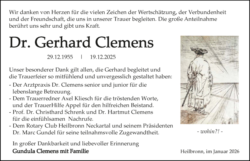  Traueranzeige für Gerhard Clemens vom 24.01.2026 aus GESAMT