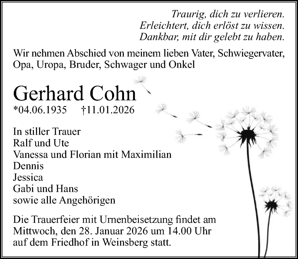 Traueranzeige für Gerhard Cohn vom 17.01.2026 aus GESAMT