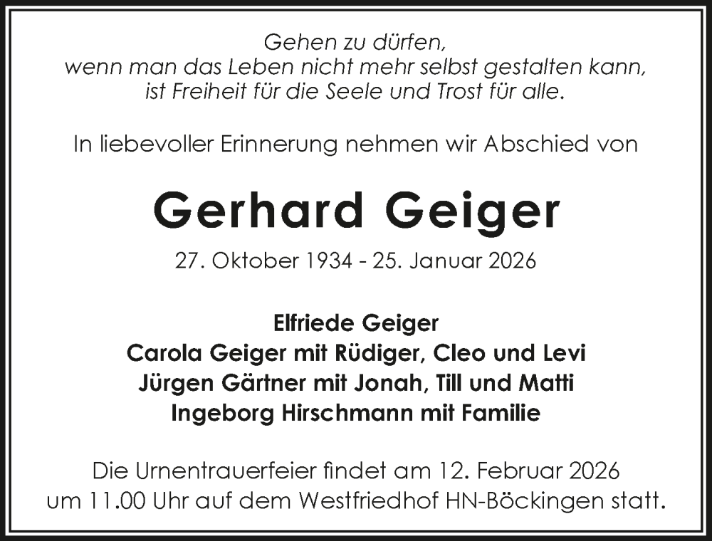  Traueranzeige für Gerhard Geiger vom 31.01.2026 aus GESAMT