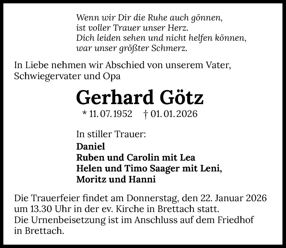  Traueranzeige für Gerhard Götz vom 17.01.2026 aus GESAMT