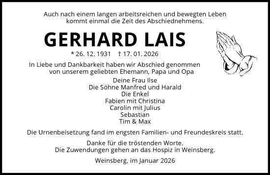 Traueranzeige von Gerhard Lais von GESAMT