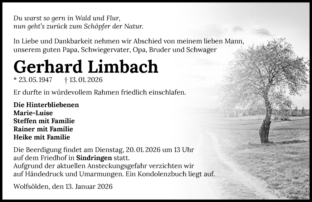  Traueranzeige für Gerhard Limbach vom 17.01.2026 aus GESAMT