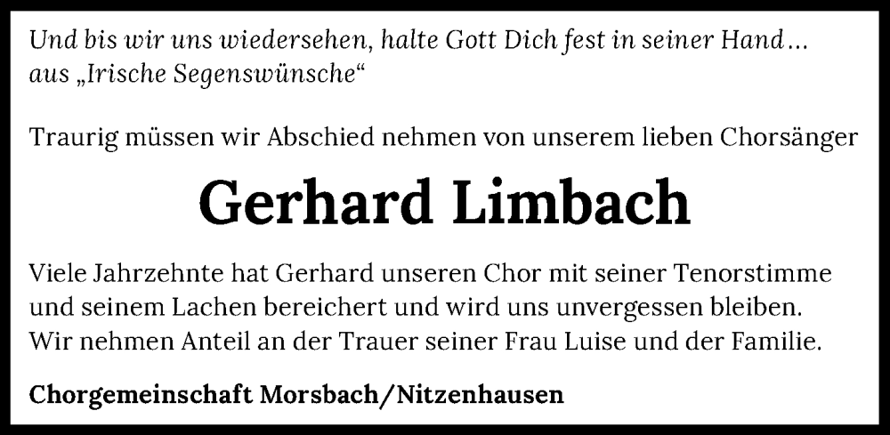  Traueranzeige für Gerhard Limbach vom 17.01.2026 aus GESAMT