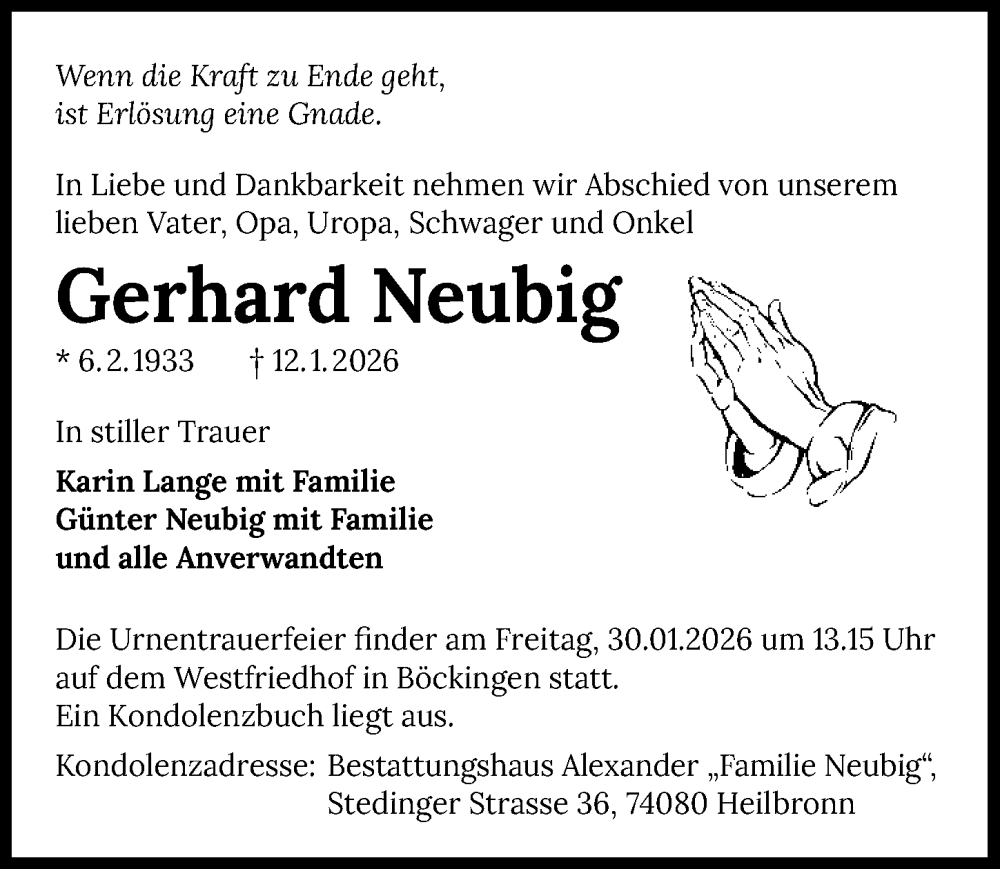  Traueranzeige für Gerhard Neubig vom 24.01.2026 aus GESAMT