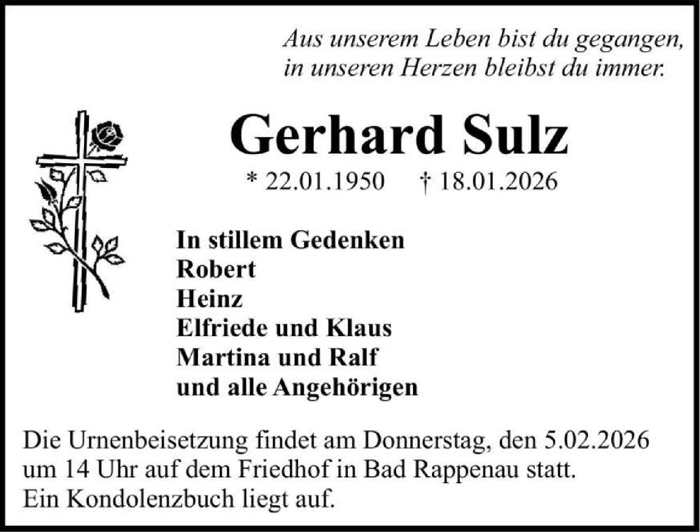  Traueranzeige für Gerhard Sulz vom 31.01.2026 aus GESAMT