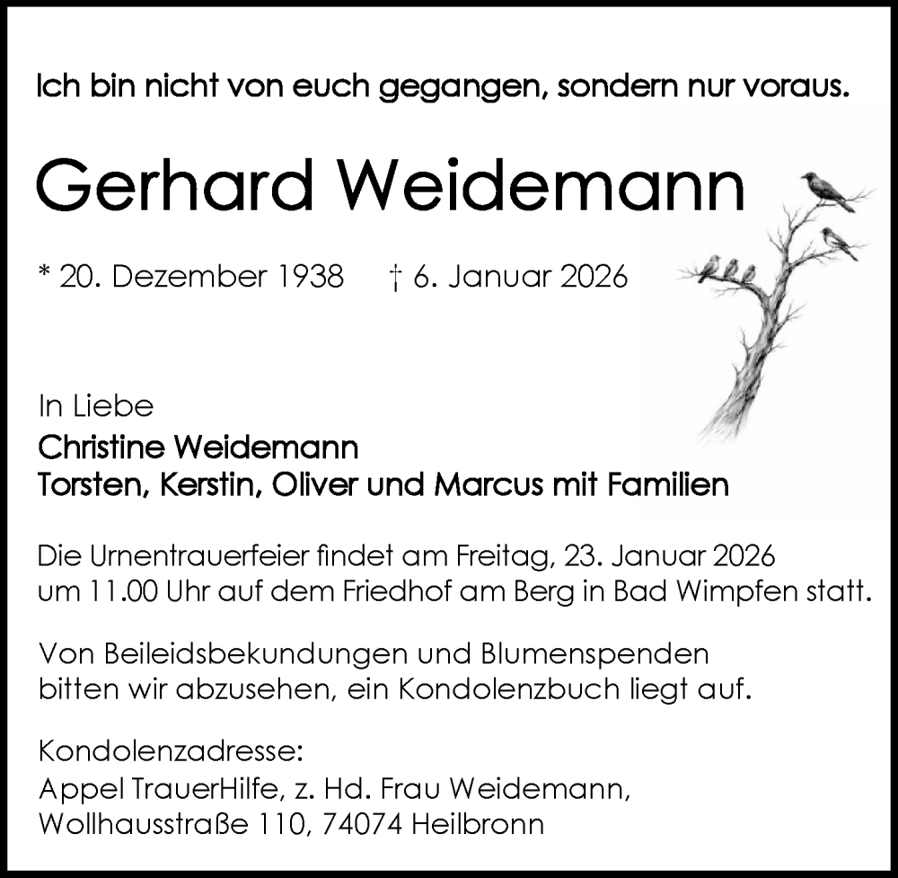  Traueranzeige für Gerhard Weidemann vom 17.01.2026 aus GESAMT