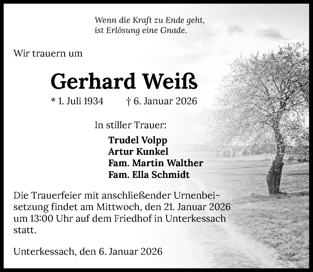 Traueranzeige für Gerhard Weiß vom 17.01.2026 aus GESAMT