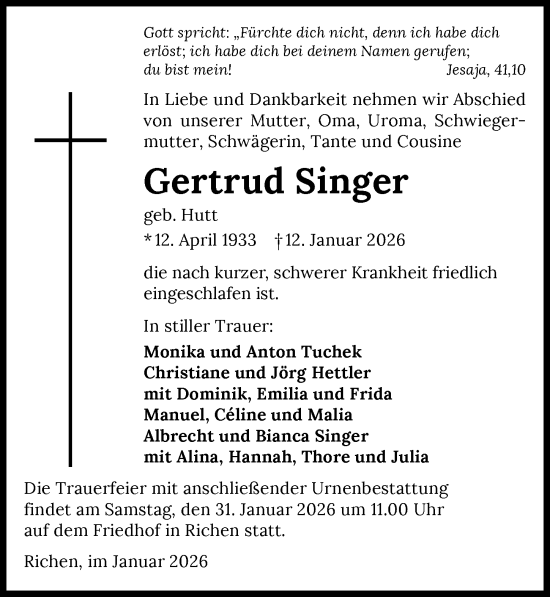 Traueranzeige von Gertrud Singer von GESAMT