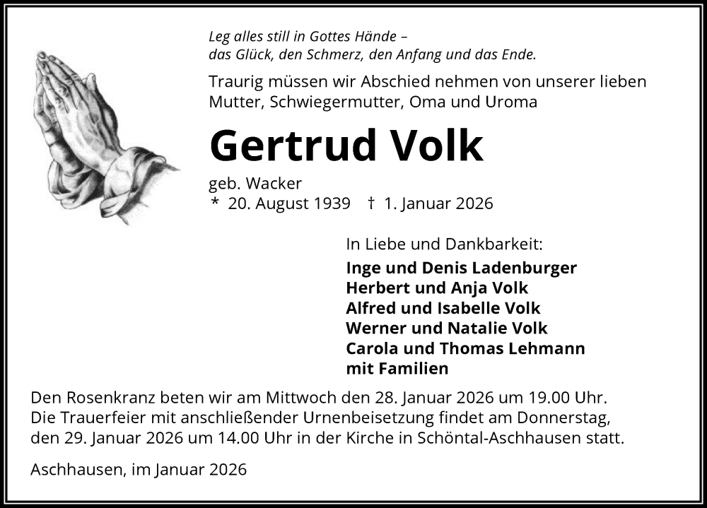  Traueranzeige für Gertrud Volk vom 17.01.2026 aus GESAMT
