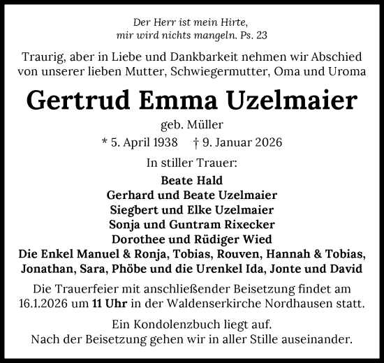 Traueranzeige von Gertrud Emma Uzelmaier von GESAMT