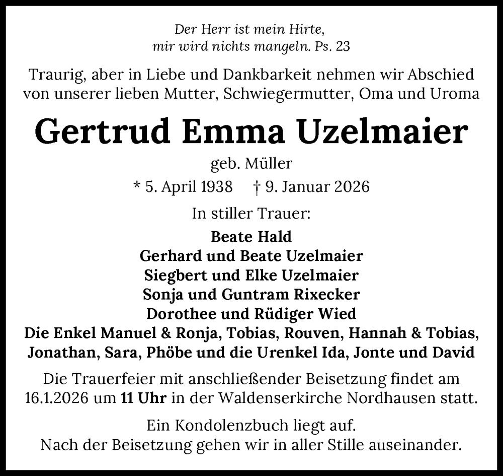 Traueranzeige für Gertrud Emma Uzelmaier vom 14.01.2026 aus GESAMT